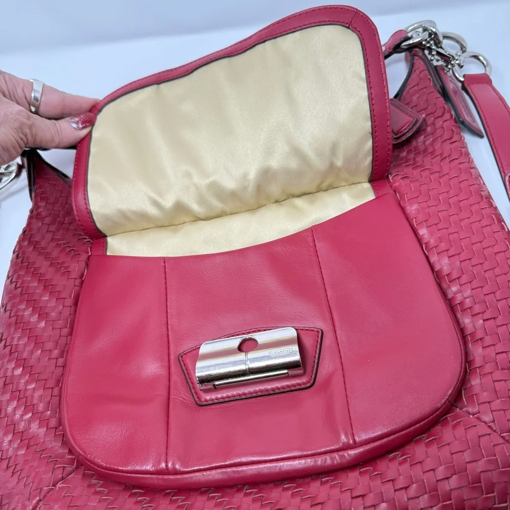 COACH Kristin Woven Leather Hobo Satchel Shoulder Crossbody Bag Scarlet Red